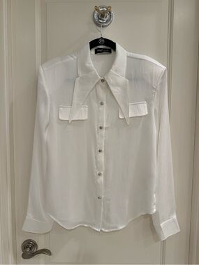 Rich Radiq's White Textured Satin Blouse with Shoulder Pads